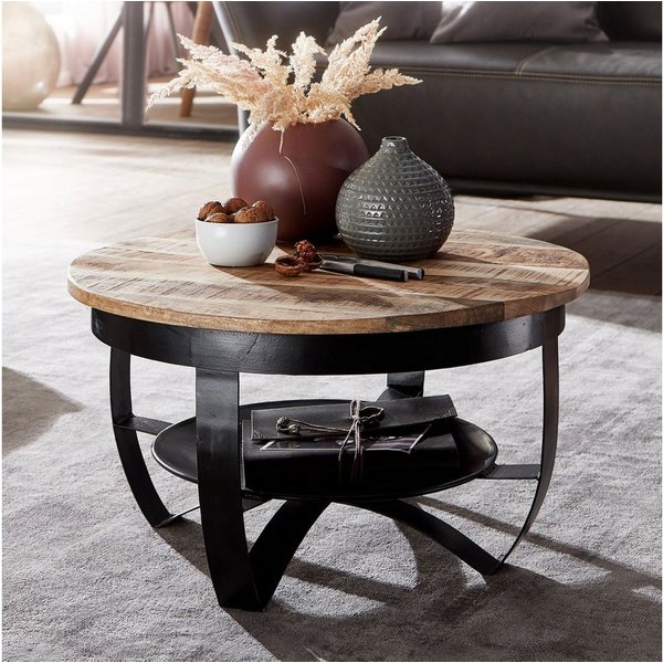 FineBuy Couchtisch 60x34x60 cm Mango Massivholz / Metall Industrial Schwarz Rund, Sofatisch Wohnzimmertisch Massiv, Kleiner Tisch Salontisch Wohnzimmer