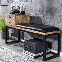 FineBuy gepolsterte Sitzbank 100 cm Massivholz Echtleder Schwarz mit Schublade - Retro Polsterbank für Garderobe, Schlafzimmer, Wohnzimmer - Garderobenbank Eing