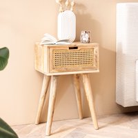 FineBuy Nachtkonsole Mango Massivholz mit Rattan & Schublade – Nachttisch im Boho & Natur Design, stabiles Nachtkästchen für Boxspringbett, handgefertigt Wiener