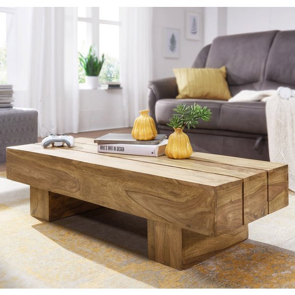 FineBuy Couchtisch rechteckig Massivholz 120 cm – Wohnzimmertisch eckig im Block Design | Moderner Holztisch handgefertigt | Design Naturmöbel