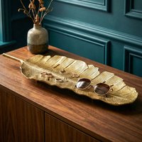 FineBuy Dekoschale Blatt Aluminium Gold Schale - Design Tischdeko Metall Wohnzimmer - Alu Wohnaccessoire Modern - Metallschale Dekoration - Aluschale lang Handm