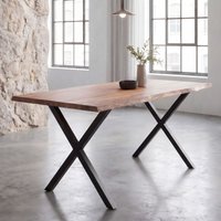 FineBuy Esszimmertisch rechteckig Massivholz Akazie Baumkante - Industrial Esstisch Baumstamm Massiv Echtholz - Küchentisch - Baumkantentisch mit schwarzem X-Ge