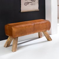FineBuy Design Sitzbank Turnbock 90cm Cognac Echtleder Mangoholz Retro Sitzhocker, Lederhocker mit Holzbeinen, Sprinbock Hocker, Garderobenbank – Ansicht 1
