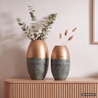 FineBuy Deko Vase 2er Set Aluminium Gold Patina Blumenvase Modern, Dekovase Punziert Rund 2-teilig für Blumen, Alu Tischvase Wohndeko Metall Tischdeko Handgefer