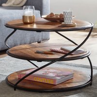 FineBuy Couchtisch Sheesham Massivholz rund Ø58 cm mit 3 Ablagen | Handgefertigter Wohnzimmertisch aus Holz & Metall | Design Beistelltisch im Industrial Stil – Ansicht 1