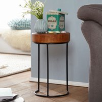 FineBuy Beistelltisch Massiv-Holz Wohnzimmer-Tisch Metallbeine Landhaus-Stil Baumstamm-Form Echt-Holz Farbe wählbar