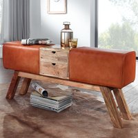 FineBuy Design Turnbock Sitzbank Braun mit Schubladen 120x56x30 cm, Turnhocker Bank aus Echtleder mit Stauraum, Hocker Garderobenbank Sitzhocker Springbock Turn