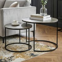 FineBuy Satztisch Metall 2er Set rund - Couchtisch Aluminium Tischplatten mit Muster - Beistelltisch Sofatisch Alu modern - Wohnzimmertisch Eisen Gestell Handma – Ansicht 1