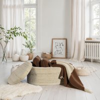 FineBuy Sitzhocker mit Stauraum Wolle oval 81 cm, abnehmbarer Deckel, Polsterhocker Stoff modern in Braun, Aufbewahrungshocker gepolstert für Wohnzimmer Schlafz