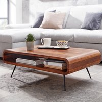 FineBuy Couchtisch Sheesham Massivholz 90 cm – Wohnzimmertisch mit Ablage im Retro Design | Handgefertigter Holztisch mit klarlackversiegelter Oberfläche – Ansicht 1