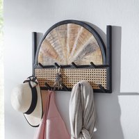FineBuy Wandgarderobe Mango Massivholz 53 cm - Garderobenpaneel massiv Holz - Wand Garderobenleiste Hakenleiste 9 Kleiderhaken Rattan Wiener Geflecht – Ansicht 1