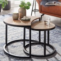 FineBuy Couchtisch Set 2er Mango Massivholz rund Natur · Wohnzimmertisch Beistelltisch mit Metallgestell Schwarz · Satztische im Industrial Design