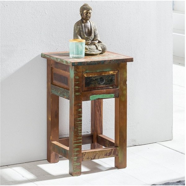 FineBuy Beistelltisch KALKUTTA 30 x 30 x 50 cm, Massivholz Nachtkonsole mit Schublade, Nachttisch Schlafzimmer aus Massiv Holz, Nachtkonsole - Anstelltisch Shab