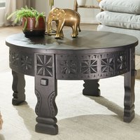 FineBuy Couchtisch Mango Massivholz rund · Handgeschnitzter Wohnzimmertisch im orientalischen Boho Design · Dunkler Massivholztisch