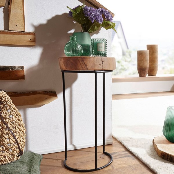 FineBuy Beistelltisch Massiv-Holz Wohnzimmer-Tisch Metallbeine Landhaus Baumstamm-Form Echt-Holz Natur Farbe wählbar