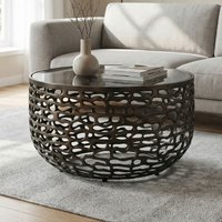 FineBuy Couchtisch Aluminium Glas 60cm Schwarz - Runder Wohnzimmertisch Metall - Design Sofatisch - Moderner Loungetisch Gitteroptik - Beistelltisch Wohnzimmer  – Ansicht 1