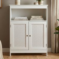 FineBuy Standregal Weiß 80cm – Stauraumregal 2 Schranktüren im Rattan Design & Ablage – schmales Wohnregal Flur & Wohnzimmer – Kleiner Schrank – Kommode Wiener  – Ansicht 1