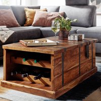 FineBuy Couchtisch Sheesham Massivholz Truhe mit Stauraum & Weinregal · Wohnzimmertisch aus Echtholz mit Metallbeschlägen · Handgefertigt · Truhentisch 100x60x4 – Ansicht 1