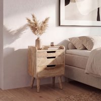 FineBuy Nachttisch aus Mango Massivholz mit 3 Schubladen & Ablage – Nachtschrank ideal für Boxspringbetten, Nachtkonsole im Natur Design – Nachtkästchen 45x33x6