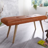 FineBuy gepolsterte Sitzbank 120cm Massivholz Echtleder Braun - Polsterbank für Garderobe, Schlafzimmer & Wohnzimmer - Garderobenbank Eingangsbereich – Ansicht 1