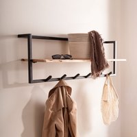 FineBuy Garderobe aus Massivholz Akazie mit Baumkante 100 cm - Industrial Wandgarderobe mit Ablage & 6 Haken - Garderobenleiste mit Metallrahmen Schwarz Handgef – Ansicht 1