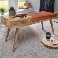FineBuy gepolsterte Sitzbank 100 cm Massivholz Echtleder mit Schublade - Retro Polsterbank für Garderobe, Schlafzimmer, Wohnzimmer - Garderobenbank Eingangsbere