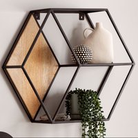 FineBuy Wandregal 60x52x20 cm Mango Massivholz / Metall Hängeregal Industrial, Design Schweberegal Sechseckig, Dekoregal Hängend Wabenform, Regal Wand mit 3 Abl – Ansicht 1