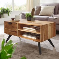 FineBuy Couchtisch Akazie Massivholz 95cm · Rechteckiger Wohnzimmertisch mit Schublade & Ablagefächern · Handgefertigter Sofatisch mit schwarzen Metallbeinen im – Ansicht 1