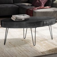FineBuy Couchtisch 100cm oval Mango Massivholz schwarz · Wohnzimmertisch mit Schublade und Hairpin Beinen · Moderner Massivholztisch im Industrial Design mit Me – Ansicht 1