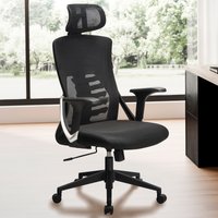 FineBuy Bürostuhl Schwarz Mesh-Bezug Schreibtischstuhl bis 120 kg mit Kopfstütze, Drehstuhl höhenverstellbar mit Lendenwirbelstütze, Stoff-Schreibtischsessel er