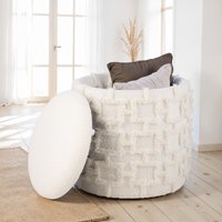 FineBuy Sitzhocker mit Stauraum 45x40 cm, Runder Polsterhocker mit weichem Strukturstoff & Deckel, Moderner Aufbewahrungshocker in Creme, Bequemer Hocker für Wo