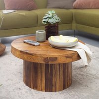 FineBuy Couchtisch Sheesham Massivholz rund Ø 60 cm, Höhe 30 cm – Wohnzimmertisch im Monolith/Drum Design mit Säulenfuß – Handgefertigter Echtholz Tisch modern 
