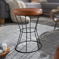 FineBuy Sitzhocker Echtleder / Metall 35 x 48 x 35 cm Design Hocker Rund, Dekohocker mit Leder-Bezug, Moderner Lederhocker Braun Gepolstert