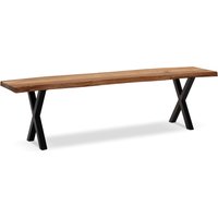 FineBuy Esszimmerbank Akazie Massivholz / Metall mit Baumkante, Esstischbank Modern, Holzbank Massiv ohne Lehne, Küchenbank Essbank mit X-Beinen, Sitzbank Esszi