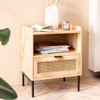 FineBuy Nachtkonsole Mango Massivholz Rattan – Nachttisch im Boho Natur Design mit Schublade & offener Ablage, Nachtkästchen ideal für Boxspringbetten – Wiener 
