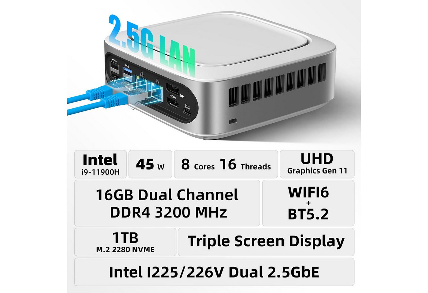 AWOW i9 PC Intel i9-11900H, 16/32GB RAM, 512G/1T SSD, WiFi 6, Dual 2,5G LAN Mini-PC (Intel Core i9 11900H, Intel UHD Graphics der 11. Generation, 16 GB RAM, 102 – Bild 3 von 5