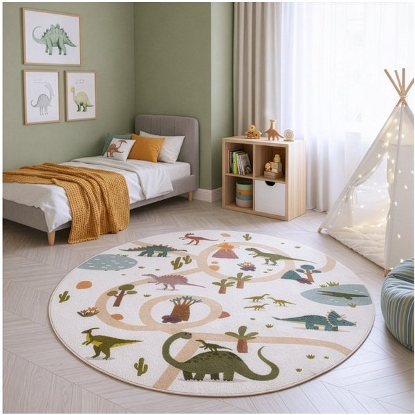 Ayyildiz Teppiche Kinderteppich COCO 1131, auch in rund erhältlich, rund, Höhe: 8 mm, Waschbar bei 30 °C, rutschhemmend, OEKO-TEX® zertifiziert, Dinosaurier