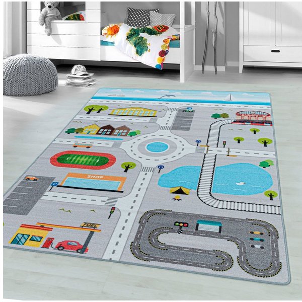 Ayyildiz Teppiche Kinderteppich PLAY 2902, rechteckig, Höhe: 6 mm, robuster Kurflor, Straßen Spiel Teppich, Kinderzimmer