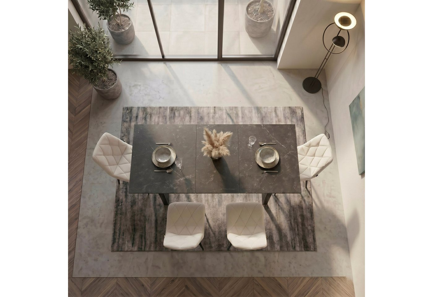 B&D home Essgruppe Essgruppe Anna & Vicka, (Set, 5-tlg., 1 Tisch / 4 Stühle), Esstisch ausziehbar bis 160cm für 4-6 Personen, Stühle in Samtstoff – Bild 2 von 5