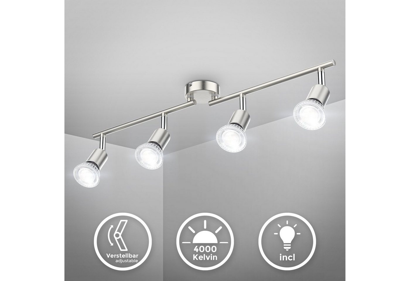 B.K.Licht Deckenleuchte, LED wechselbar, 4-flammig, LED Deckenlampe, dreh- schwenkbar, neutralweiß, matt-nickel – Bild 2 von 5
