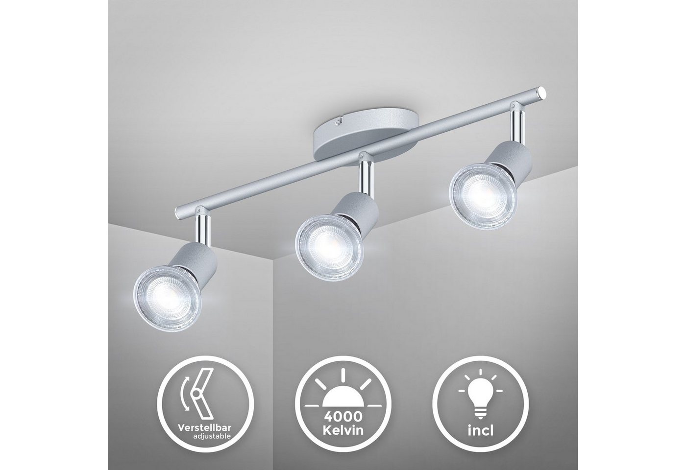 B.K.Licht Deckenleuchte, LED wechselbar, 3-flammiger LED Deckenspot, dreh-, schwenkbar, IP20, neutralweiß – Bild 2 von 5