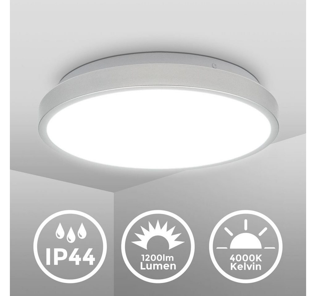 B.K.Licht Deckenleuchte moderne LED Bad-Deckenlampe IP44 flach rund silber/schwarz, LED fest integriert, Neutralweiß, 4000K LED-Badlampe Decke 12W 1200lm Leucht – Bild 2 von 5