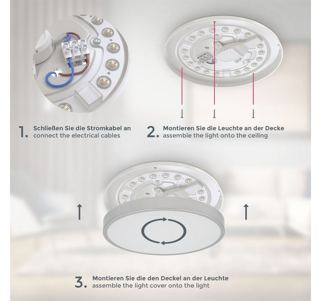 B.K.Licht Deckenleuchte moderne LED Bad-Deckenlampe IP44 flach rund silber/schwarz, LED fest integriert, Neutralweiß, 4000K LED-Badlampe Decke 12W 1200lm Leucht – Bild 4 von 5