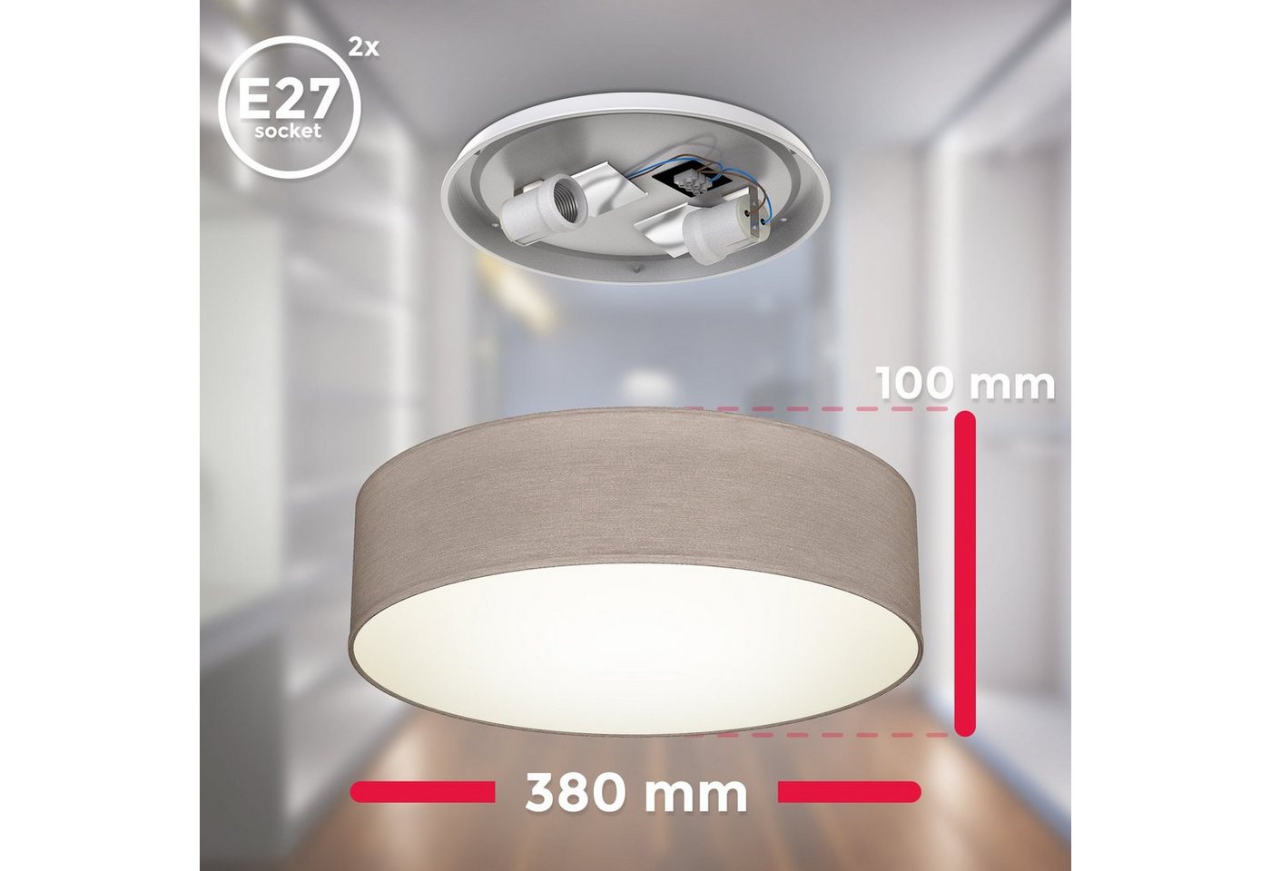 B.K.Licht LED Deckenleuchte, ohne Leuchtmittel, Warmweiß, Deckenlampe, Textil Lampenschirm, E27, Schlafzimmer, Wohnzimmer – Bild 4 von 5