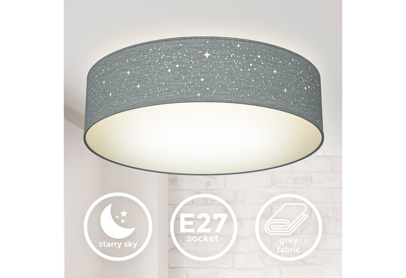 B.K.Licht LED Deckenleuchte, ohne Leuchtmittel, Warmweiß, Deckenlampe, Textil Lampenschirm, E27, Schlafzimmer, Wohnzimmer – Bild 2 von 5