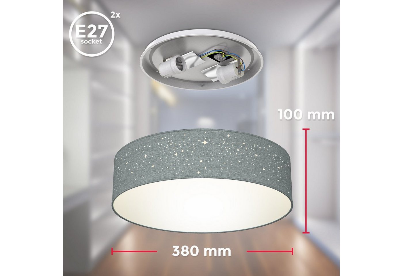 B.K.Licht LED Deckenleuchte, ohne Leuchtmittel, Warmweiß, Deckenlampe, Textil Lampenschirm, E27, Schlafzimmer, Wohnzimmer – Bild 4 von 5