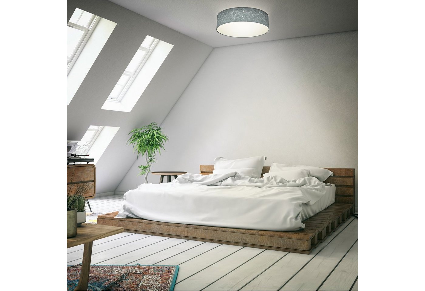 B.K.Licht LED Deckenleuchte, ohne Leuchtmittel, Warmweiß, Deckenlampe, Textil Lampenschirm, E27, Schlafzimmer, Wohnzimmer – Bild 5 von 5