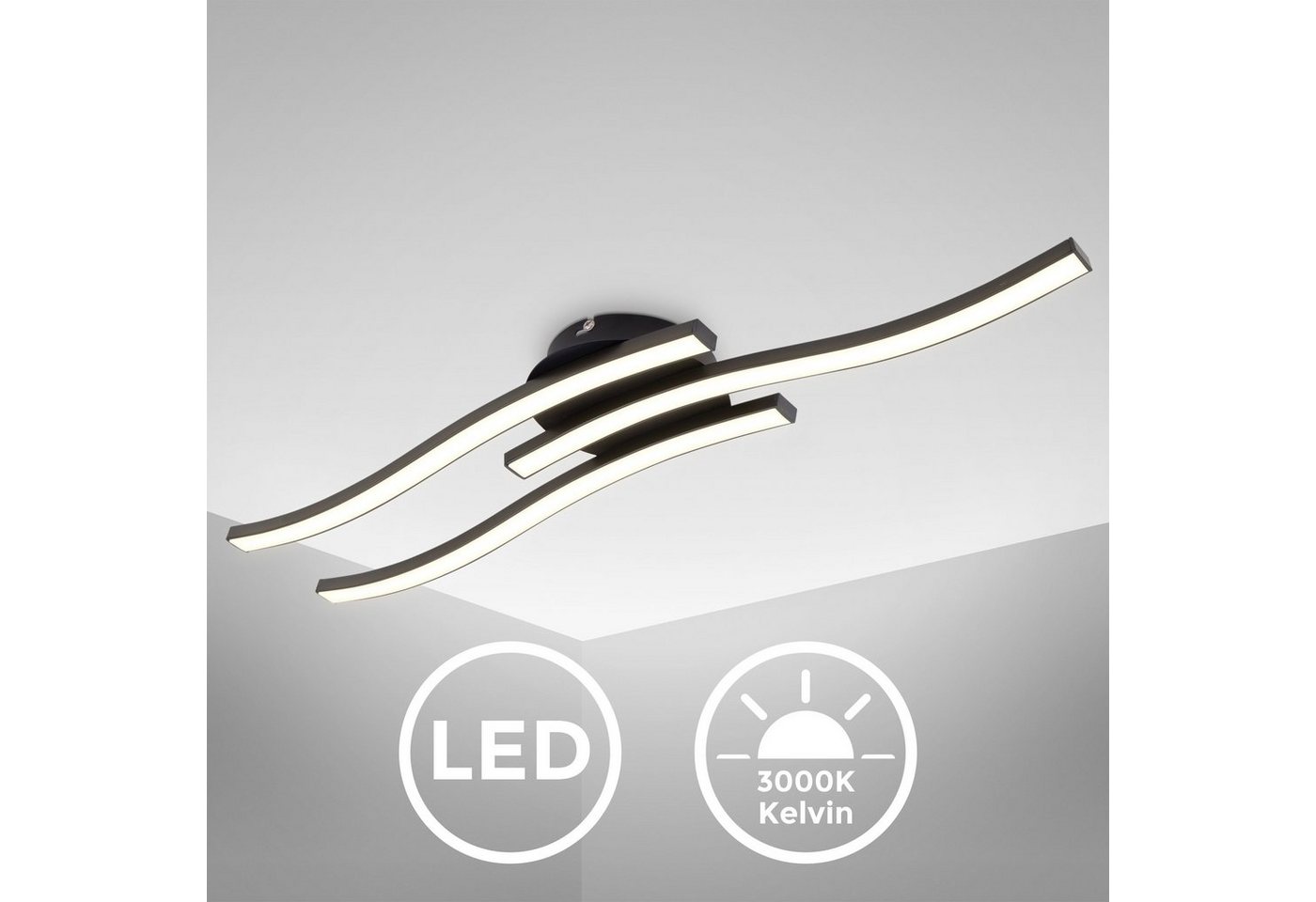 B.K.Licht LED Deckenleuchte BK_DL1432 LED Deckenlampe, 3.000K Warmweiß, 3x 6 Watt, 3x 480 Lumen, LED fest integriert, Warmweiß, Geschwungende Deckenlampe, Länge – Bild 4 von 5