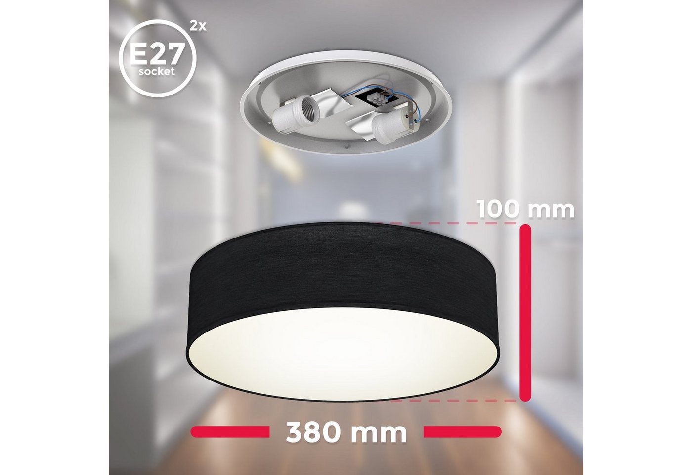 B.K.Licht LED Deckenleuchte, ohne Leuchtmittel, Warmweiß, Deckenlampe, Textil Lampenschirm, E27, Schlafzimmer, Wohnzimmer – Bild 3 von 5