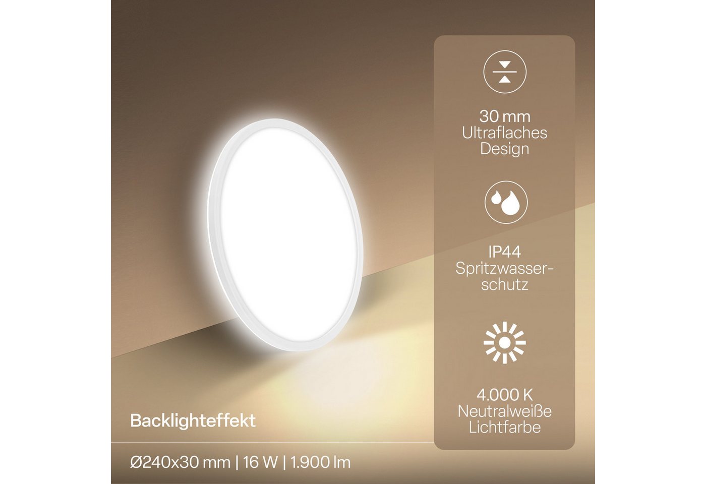 B.K.Licht LED Deckenleuchte Panel Flach 30mm Backlight Effekt LED Deckenlampe Wohnzimmer, LED fest integriert, 4000K - Neutralweiß, versch. Größen & Farben, Bad – Bild 4 von 5